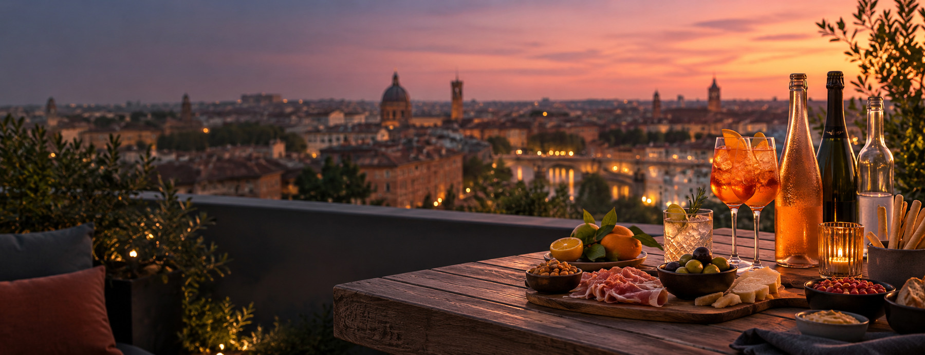 Sélection apéritive premium avec vue sur Toulouse la nuit